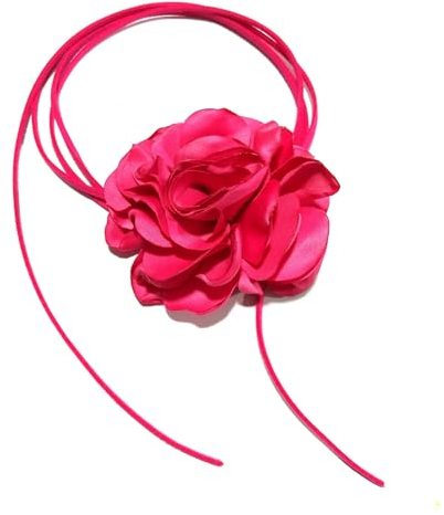Flongo Damen Blumen Choker Pink: Barbie Halskette Kette Frauen Rose Blume Women Blumenkrawatte Leder Halsband Flower Necklace Vintage Gothic Geschenk für Kinder Mädchen Abschlussball Party