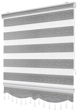 PlisseeOnline Doppelrollo Klemmfix ohne Bohren Grau Silber mit Muster und Perlen Duo Rollo für Fenster und Türen Plissee Rollo Gardine 100 x 150 cm Blickdicht Klemmrollo mit Perlen Seitenzugrollo