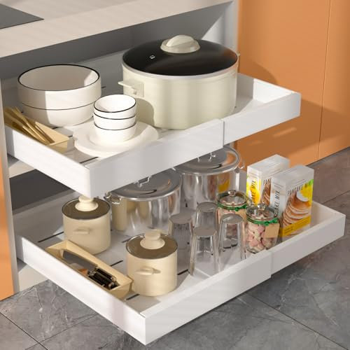 WIMEORS Ausziehbarer Schrank-Organizer, erweiterbar (32 cm - 51,8 cm), fixiert mit selbstklebender Nano-Folie, ausziehbare Speisekammer-Regale, Aufbewahrung, kein Loch, für Küchenunterschrank,Weiß,1