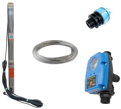 Tiefbrunnenpumpe Set IBO 3,5 SDM 3-11 Tiefbrunnenpumpe 800W | Druckschalter PC-59 Pumpensteuerung | UNIDELTA Klemmverbinder 40mm 1.1/2 Zoll | Ablassseil 30 Meter | 105 l/Min. 63M Förderhöhe