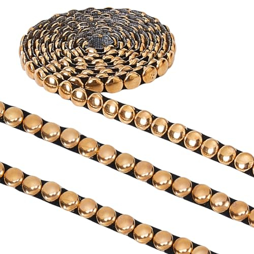 GORGECRAFT 2 Yards 8mm Breit Hotfix-Nagelkopfbesatz Konvexe Kuppel Aus Metall Zum Aufbügeln Mit Schwarzer Lederbasis Runder Nieten Dekorative Nagelkopf Für Selbstgemachte Kleidertasche Antikgold