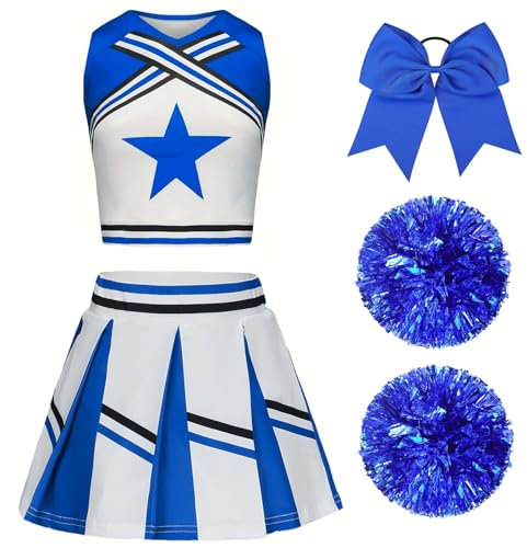 XFOZDM Cheerleader Kostüm Kinder Cheerleader Kostüm Kleid Mädchen Cheer Uniform mit Pompoms und Kopfschmuck Cheerleading Outfit Kinder für Faschingskostüme Halloween Karneval Blau 120