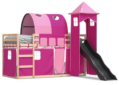 vidaXL Kids Bunk Bed with Slide/Curtains – Pink Wood 205.5x87.5x113 cm – Fun Indoors Playhouse