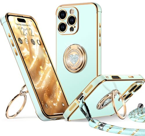 XYZ for iPhone 16 Pro Case with Stand, Heart Lanyard for Girls Women, Luxury Cute Bling Protective Phone Cover for iPhone 16 Pro, Green