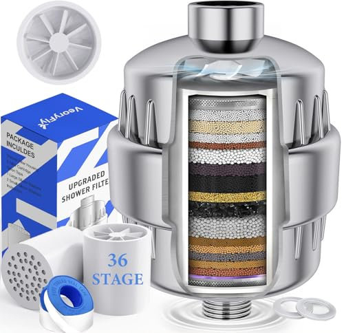 Veoryfly 36 Stufen Duschfilter mit Lüfterblättern, Vitamin C E Kalkfilter Dusche mit 2 Filterpatrone zur Entfernung von Fluorid und Chlor, verbessert den Zustand Ihrer Haut, Haare und Nägel drastisch