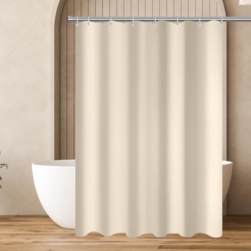 Lerores Cortina de ducha de 100 x 160 cm, beis, dobladillo con peso, tela antimoho, impermeable, lavable, tela de poliéster para baño, bañera con 8 anillos de cortina de ducha