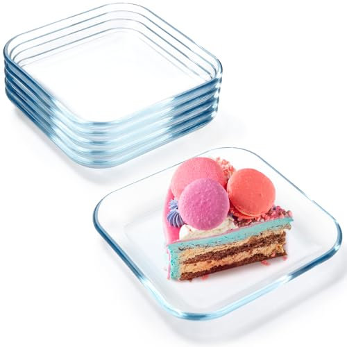 NUTRIUPS 6 Pack 7 Inch Square Dessert Plates, Small Clear Tempered Glass Appetizer Plate Set For Kitchen, Dinnerware Dish Set, Dishwasher & Microwave Safe
