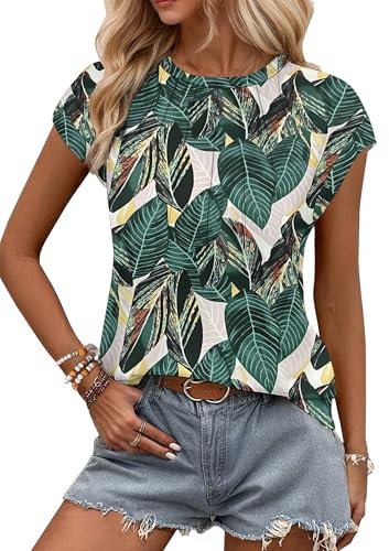 WNEEDU Tank Top Damen Sommer Kappenärmel T-Shirts Lässige Oberteile Elegent Rundhals Plissiertes Bluse Blatt Druck XXL