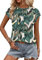 WNEEDU Tank Top Damen Sommer Kappenärmel T-Shirts Lässige Oberteile Elegent Rundhals Plissiertes Bluse Blatt Druck XXL