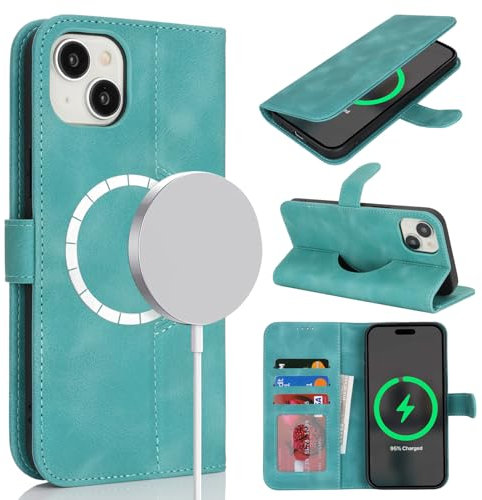 Zouzt Case for iPhone 15 Plus / 14 Plus (6.7), [Compatible with MagSafe] Magnetic PU Leather Wallet Case with Card Holders and Kickstand, Wireless Charging Flip Folio Phone Cover - Vintage Green