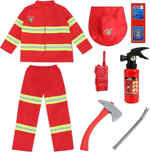 Vmxlso Costume Pompiere Bambino, Vestito Pompiere Bambino con Estintore Giocattolo, Casco da Pompiere, Walkie-Talkie, Vestito Carnevale Pompiere Bambino 3 4 5 6 7 8 Anni