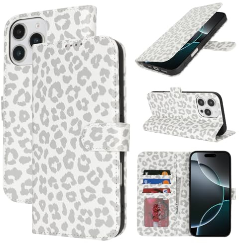 Zouzt Wallet Case for iPhone 15 Pro (6.1), Card Holder, White Leopard | Premium PU Leather, with Credit Slot, Shockproof TPU Shell, Magnetic Closure, Protective Flip Folio Phone Cover, Women Men