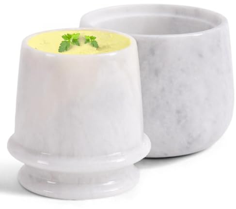 EARTHEN CRAFTS Marble Butter Keeper 4 Inches White Butter Dish with Lid Handmade French Butter Crock for Kitchen Counter, Spreadable Butter Holder for Countertop Storage
