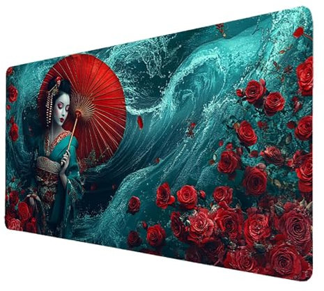 Tapis De Souris xxl Gaming Rouge Tapis Souris 1400 x 600 x3mm, Grand Mousepad Geisha Antidérapant Étanche Bords Cousus Base en Caoutchouc, Gaming Accessoire pour Pc Gamer Cadeau Homme Deco Bureau 5173