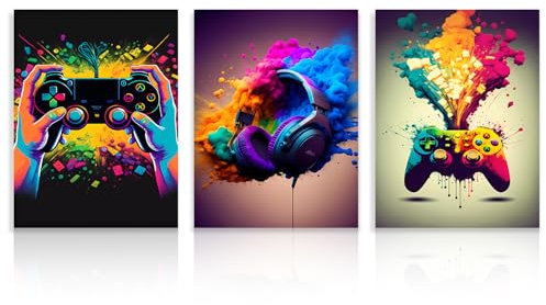 Dazzlewall 3 Stück Gaming Wandbilder, Bunte Kopfhörer Gamepad Bilder, Videospiel Poster für Teenager Jungenzimmer Wohnheim Spielzimmer Deko 12x16 Zoll Ungerahmt