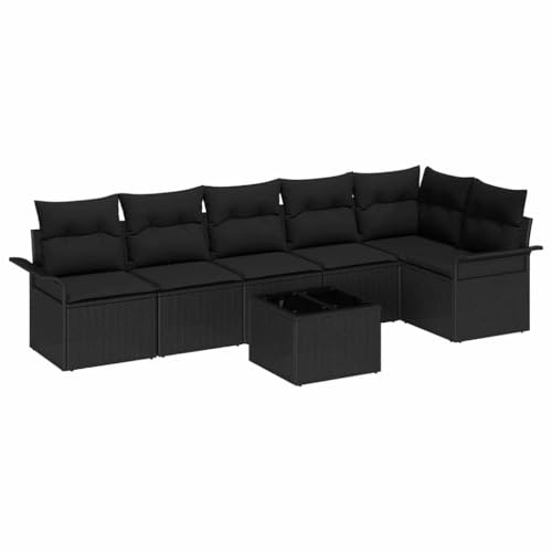 vidaXL 7-teiliges modulares Gartensofa-Set mit Kissen in Schwarz aus Poly Rattan – Outdoor-Möbel für Terrasse und Balkon, Sitzmöglichkeiten und Lounge-Sofas im Sectional-Stil
