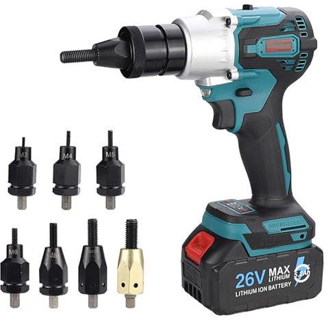 Remachadora inalámbrica, Pistola eléctrica de 26 V para Tuercas con Cabezal M3, M4, M5, M6, M8, M10 y M12, perforación automática y Manual para Tuercas de Acero Inoxidable