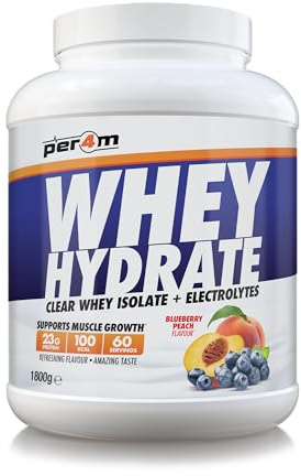 Per4m Whey Hydrate | 23g Whey Isolate & Aquamin Electrolytes | Muscle Growth & Hydration | Clear, Refreshing & Low in Sugar | 60 Serving (1.8kg, Blueberry Peach)