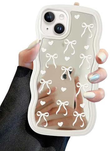 Jusy Compatible with iPhone 15 Case with Wavy Edge, Cute White Small Bow Mirror Curly Phone Cases, Shockproof Hard PC & Soft TPU Bumper Protection Cover for Women Girls-Small Bow