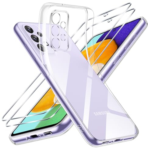 Vauki Klar Hülle für Samsung Galaxy A52 4G/5G/A52S 5G, 1 Handyhülle mit 2 Panzer Schutz Glas, Weiche TPU Transparent Silikon Case, Militärischer Schutz Stoßfest Schutzhülle Dünn Durchsichtige Cover