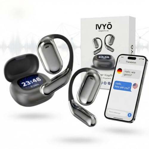 Ivyo® AI Übersetzer Kopfhörer – Echtzeit Sprachübersetzer & Offline Nutzung (Ohne Internet) | Premium Bluetooth In-Ear mit Ohrbügel | Simultanübersetzung für Reisen, Business & Meetings