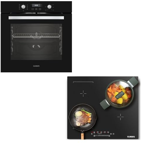KB ELEMENTS Kit de cuisinière autonome - Four encastrable de 60 cm - Plaque à induction de 59 cm - 4 plaques - Barbecue - Air chaud - Aqua Clean - 59 cm - Résistant aux rayures avec fiche/argenté