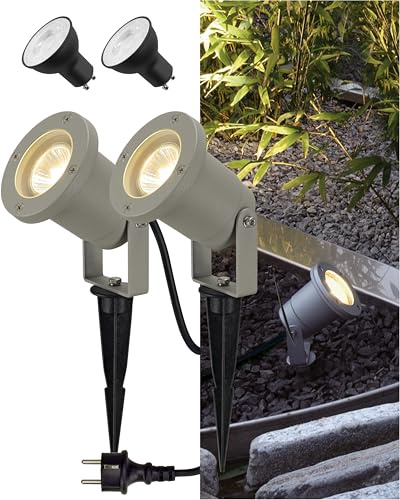 SLV NAUTILUS XL Erdspießleuchte – Außenleuchte für Garten, Terrasse, Wege & Teich | GU10, IP65, max. 11 W, mit Erdspieß & Stecker | 2er-Set | Grau
