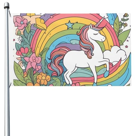 Hübsche Regenbogen- und Einhörner-Drucke, doppelseitige Flagge, 90 x 150 cm, leicht und farbecht, mit Knopflöchern, ideal für Partys im Freien und Gärten.
