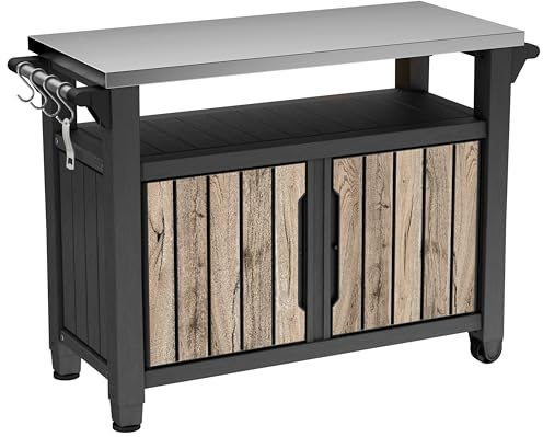 Keter Tavolo da barbecue Unity XL | Tavolo da servizio in legno di pino | 298 litri | con piastra in acciaio inox, porte, ripiano di appoggio, sospensioni, portarotolo da cucina, ruote e manico |