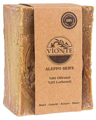 VIONTE Aleppo Seife 200 g aus Olivenöl und Lorbeeröl, Naturseife | 80 % Olivenöl und 20 % Lorbeeröl, feste Seife für Gesicht, Körper, Hände und Haare, hergestellt in der Türkei