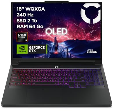 Lenovo Legion Pro 7 16AFR10H - Ordinateur Portable Gaming 16'' OLED (AMD Ryzen 9 9955HX3D, RAM 64Go, SSD 2To, NVIDIA RTX 5080 16GB) Clavier RGB rétroéclairé AZERTY Français - Noir Eclipse