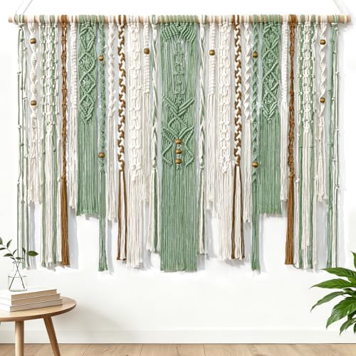 ZYUQFAN 98x75cm Gran tapiz de pared de macramé, tapiz bohemio Verde claro | estética, tejido de macramé verde, tapiz hecho a mano, decoración de pared boho, para dormitorio, cuarto de niños