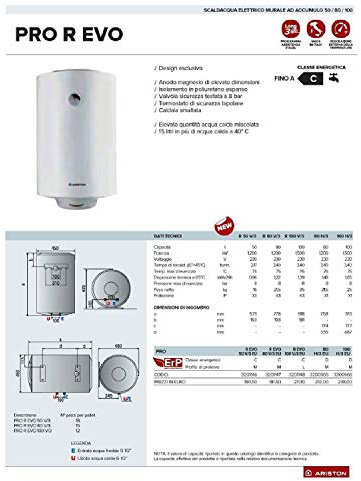 Verticale 50 Litri Ariston PRO R EVO 50 V/3 EU Scaldabagno Elettrico Scaldacqua