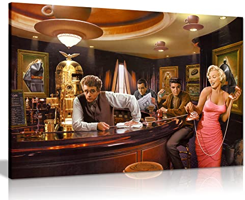 Kunstdruck Marilyn Monroe, Elvis Presley, James Dean in bar, Pop-Art Hollywood Leinwand Kunstdruck Bild, A0 91x61cm (36x24in)