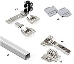 Emuca - Sistema para 2 puertas correderas de madera colgadas y plegables, sin guiador inferior, cierre suave, Aluminio anodizado
