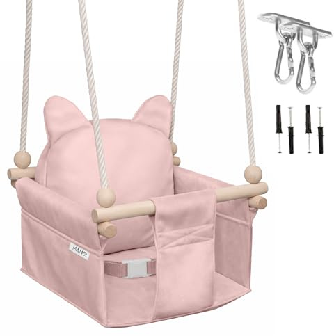 MAMOI Kinderschaukel mit Sicherheitsgurt, höhenverstellbar 150–190 cm, Schaukel für den Innenbereich, stabile Konstruktion, Velours-Sitz, einfache Montage, Innenschaukel für Kinder