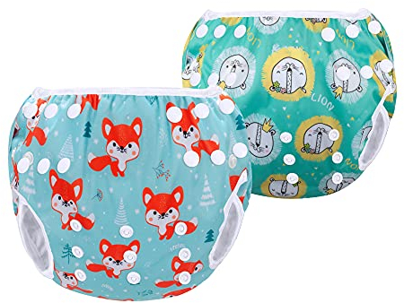 Luxja Couche de Bain Bébé (Paquet de 2), Couche Piscine Lavable pour Garçons & Filles (0-3 Ans), Renard + Lion
