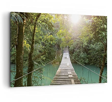 Wandbilder Dekoration Wohnzimmer Brücke Seil Dschungel Bilder auf Leinwand 120x80cm Leinwandbild Schlafzimmer Küche Deko Wand Kunstdruck Art Groß XXL Wanddeko Bild Wall Decor Canvas AA120x80-4397