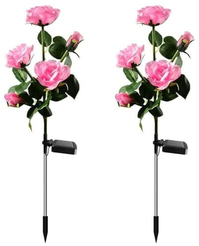 Aolyty 2 Pcs LED Solar Garden Rose Lights (Pink) | Decorative IP65 Waterproof Stake Light, 5 Flowers Outdoor Artificial Ornaments for Grave Patio Pathway