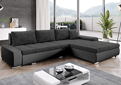 Furnix Ecksofa Tommaso mit Schlaffunktion Bettkasten - Couch Sofa Kissen - L-Form Sofa, Stellfüße Chromoptik - B297 x T210 x H85 cm, Liegefläche 255 x 150 cm - MA195-BE06 (Dunkelgrau/Grau)
