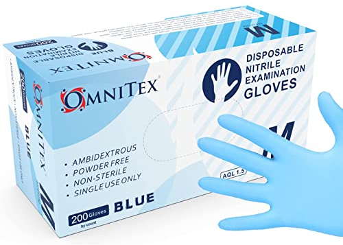 Omnitex Box 200 Premium Disposable Blue Nitrile Gloves | Powder Free | Latex Free | Ambidextrous | Food Safe | Examination Non Sterile | CE & UKCA Cat3 grade (Medium)