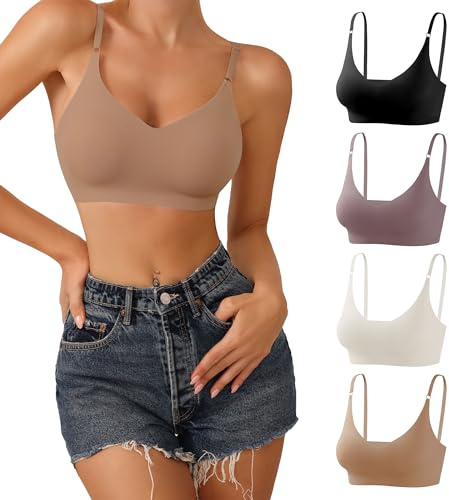 DEANGELMON 4 Pieces V Neck Bralettes Padded Seamless Adjustable Straps Bra Everyday Basic Sleeping Bras (4P3,M)