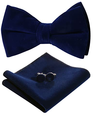 HOULIFE Fliege Herren Set - Verstellbare Fliege aus Samt Vorgebunden Fliege, einfarbige Einstecktuch, Manschettenknöpfe Set für Bräutigam Hochzeit formal mit Geschenkbox, Navy blau