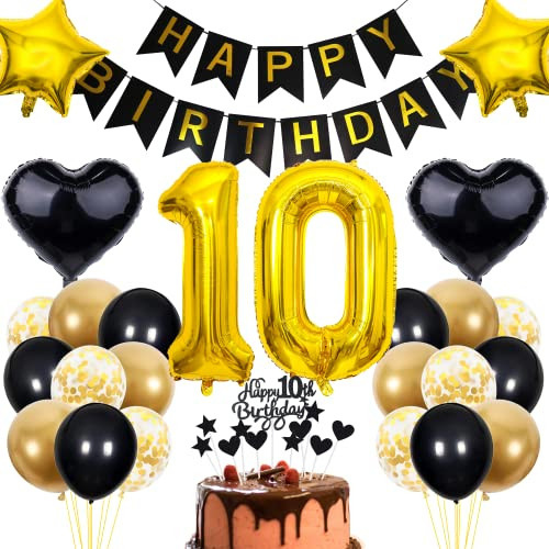 Cnrose 10. Geburtstag Dekoration - Schwarz Gold Party Deko für Junge und Mädchen - Tortendeko für 10 Jahre