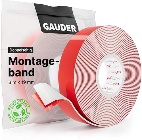GAUDER Nastro di Montaggio (3 m x 19 mm) | Nastro Biadesivo Extra Forte | Nastro Biadesivo per Muro