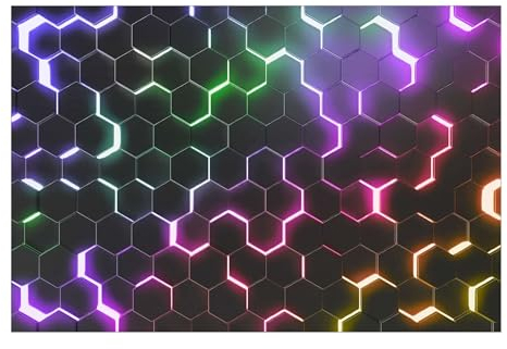 Bilderwelten Fototapete Gaming 290cm x 432cm Modern Neon-Lichter Muster Hexagone Vliestapete Tapete Wanddeko Ideen Wohnzimmer Schlafzimmer Küche