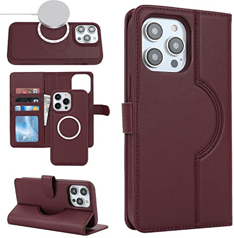 Cavor iPhone 15 Pro Case: Flip Leather Wallet Case With Card Holders, Magsafe - Detachable 2 in 1, Magnetic Closure - Red