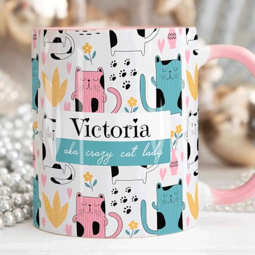 The Whistling Wren Crazy CAT Lady Personalised Name Cat Mug, Cat Lover Gift for Her, Personalised Mug, Cat Gift for Her, Sister Mum Daughter Birthday Gift