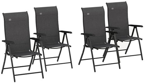 Outsunny Set of 4 Outdoor Wicker Folding Chairs, Patio PE Rattan Dining Armrests Chair set with 7 Levels Adjustable Backrest, for Outdoors, Camping, Grey