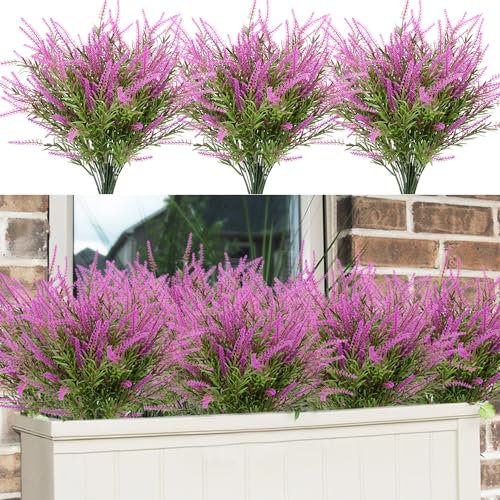 12 Bundles Outdoor Artificial Flowers Lavender Artificial Plants Fake Bushes Artificial Shrubs Greenery Plastic Outdoor UV Resistant Faux Lavender Purplish red